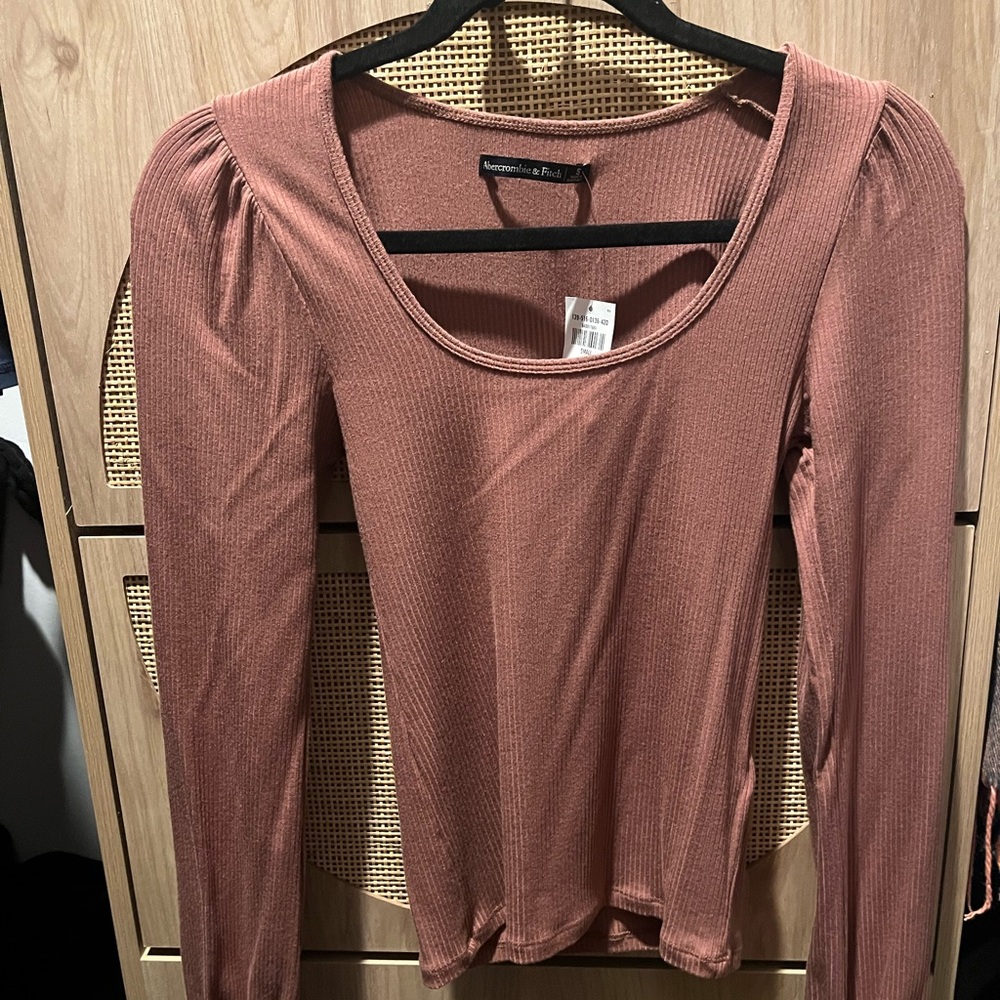 Abercrombie & Fitch Ribbed Long Sleeve Top in Warm Brown